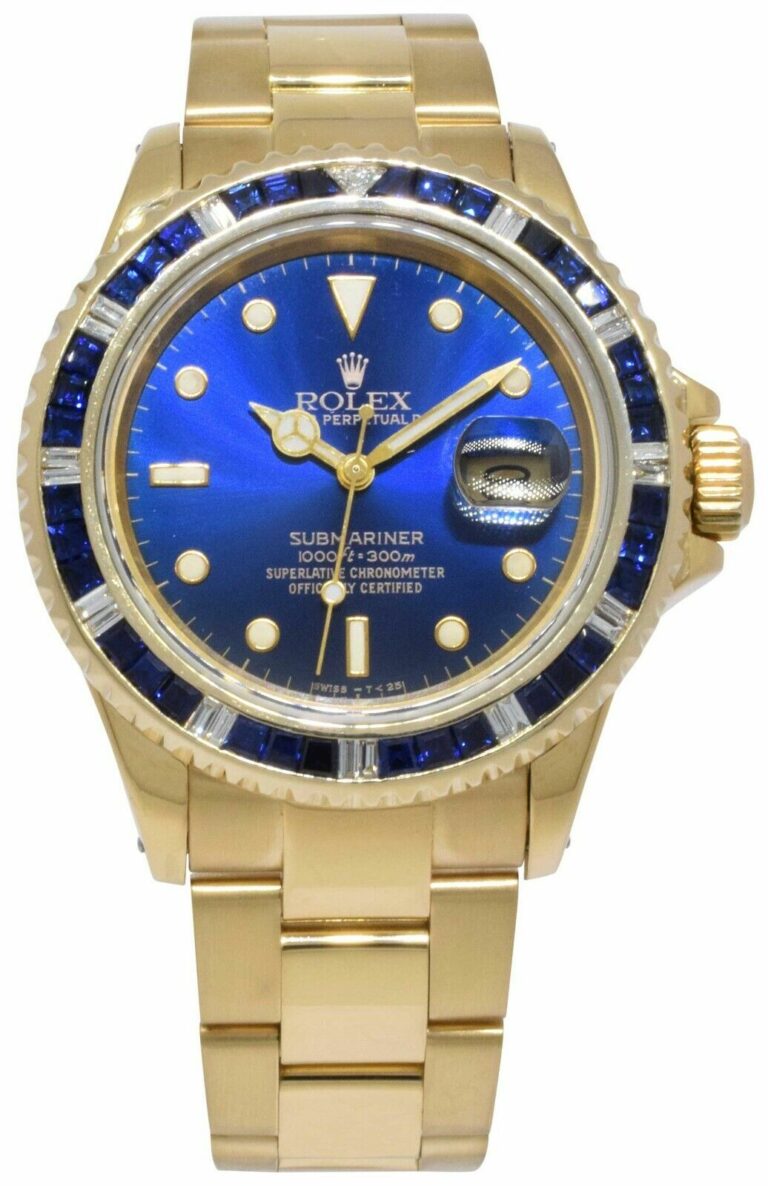 Rolex Submariner Date 18k Yellow Gold Blue Sapphire/Diamond 40mm Watch 16808