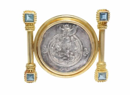 Silver Thailand Coin Brooch in 18k Yellow Gold with Aquamarines