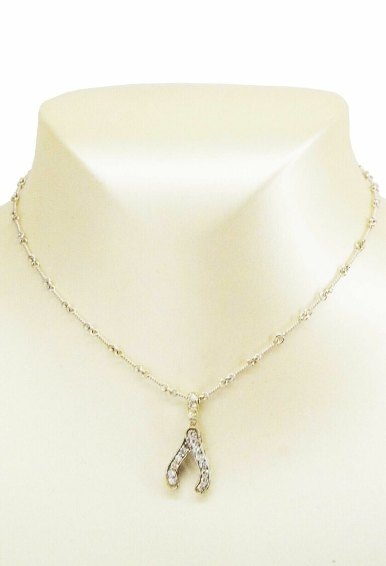 Wishbone Pendant 
Chain 18k White Gold 
Diamonds Ladies Necklace