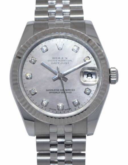 Rolex Datejust Steel 
18k White Gold Bezel MOP Diamond Dial 31mm Watch D 178274