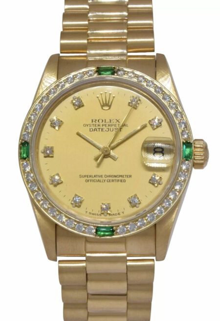 Rolex Datejust President 18k Yellow Gold Diamond D/B Emerald 31mm Watch 68278