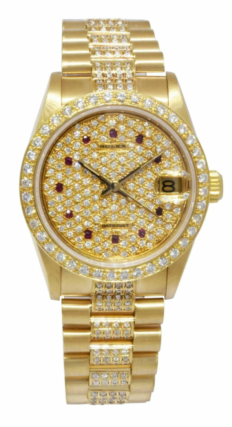 Rolex Datejust President 18k YG Pave Diamond 
Ruby Dial Lady 31mm Watch 68278