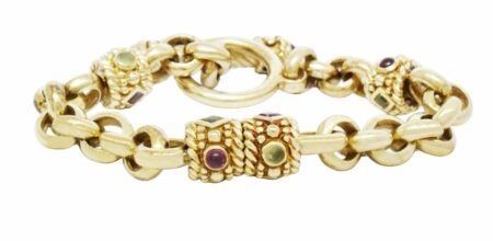 Gemstone & Diamond 14k Yellow Gold Rolo Links Bracelet with Toggle Clasp