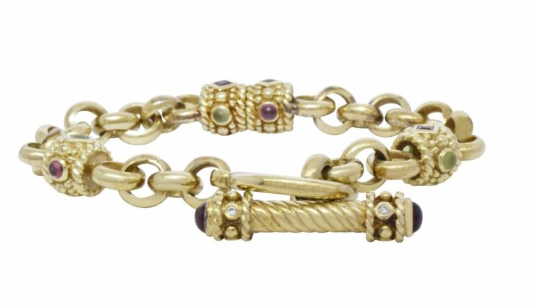 Gemstone 
Diamond 14k Yellow Gold Rolo Links Bracelet with Toggle Clasp