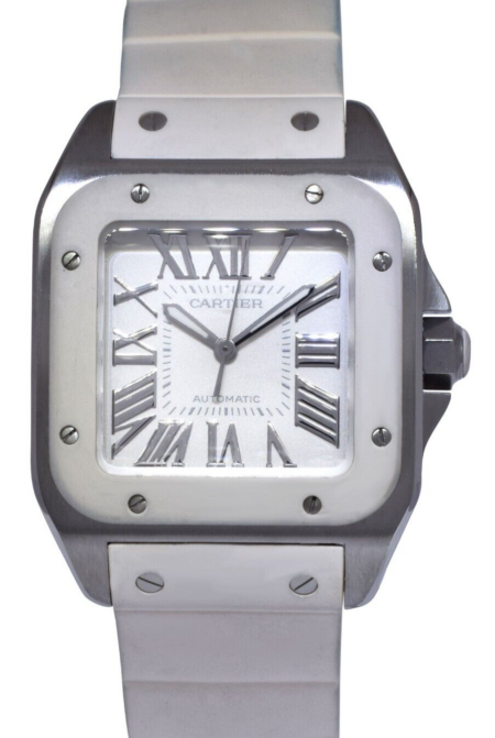 Cartier Santos 100 Medium Steel White Rubber Automatic Watch W20122U2 2878