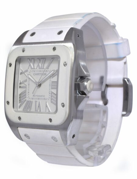 Cartier Santos 100 Medium Steel White Rubber Automatic Watch W20122U2 2878