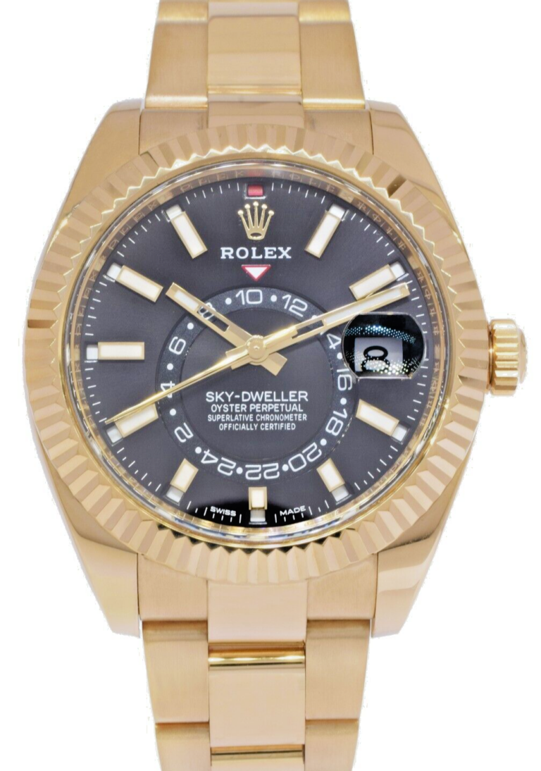 Rolex Sky-Dweller GMT 18k Yellow Gold Black Dial 42mm Watch +Card '18 326938