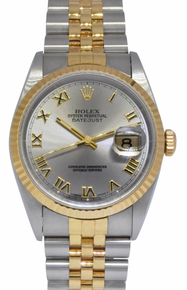 Rolex Datejust 18k Yellow Gold/Steel Slate Roman Dial Mens 36mm Watch T 16233