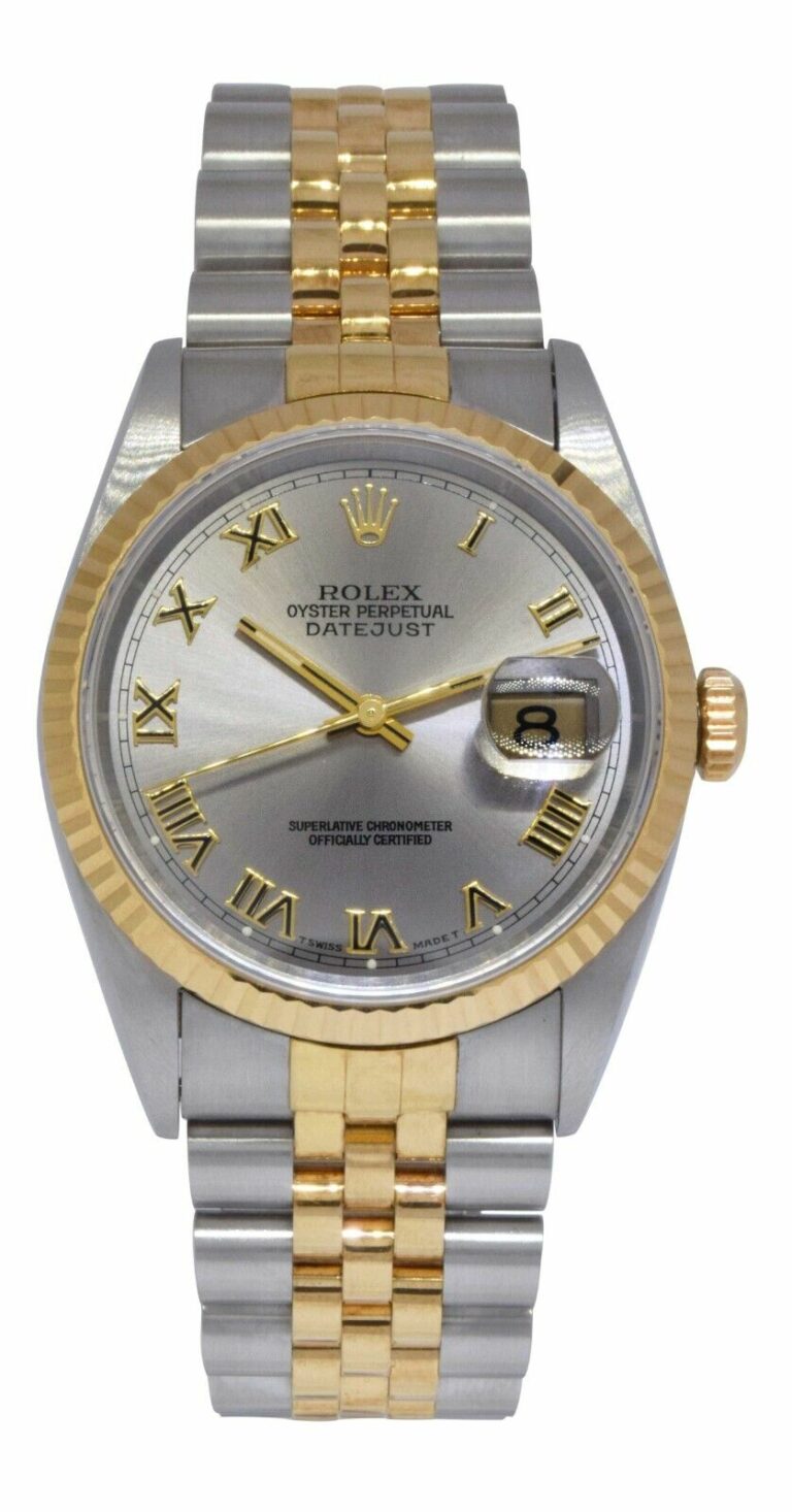 Rolex Datejust 18k Yellow Gold/Steel Slate Roman Dial Mens 36mm Watch T 16233