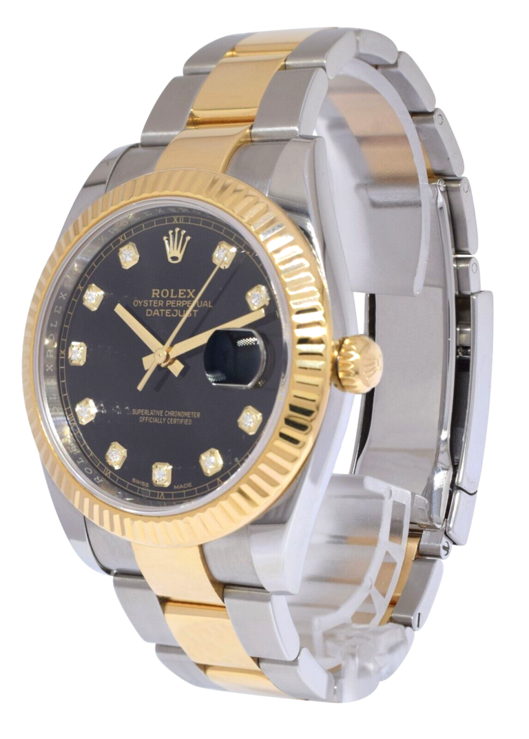 Rolex Datejust 41 18k Yellow Gold/Steel Black Diamond Dial Oyster Watch 126333