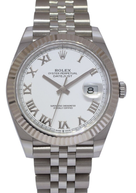 Rolex Datejust 41 Steel 18k Gold Bezel White Roman Dial Watch +Card '20 126334