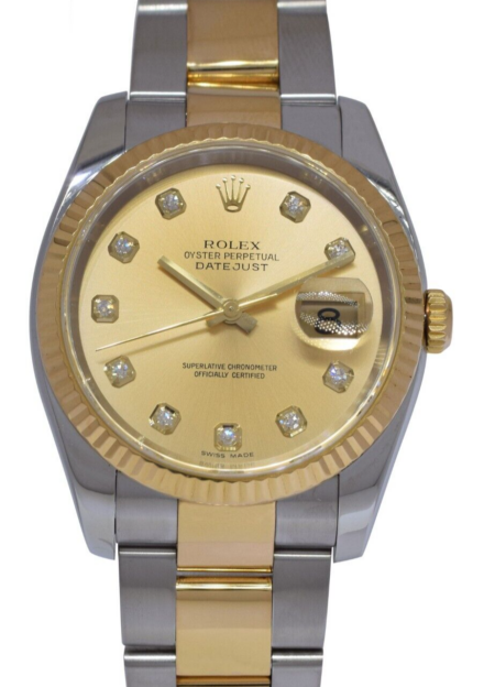 Rolex Datejust 18k Yellow Gold/Steel Champagne Diamond Dial 36mm Watch D 116233