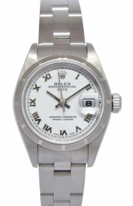 Rolex Date Stainless Steel White Roman Dial Ladies 26mm Oyster Watch Y 79190