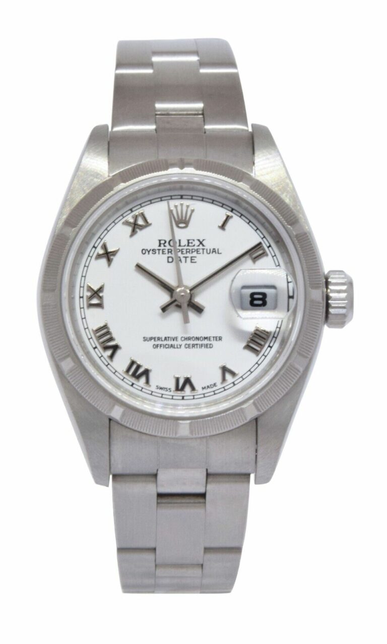 Rolex Date Stainless Steel White Roman Dial Ladies 26mm Oyster Watch Y 79190