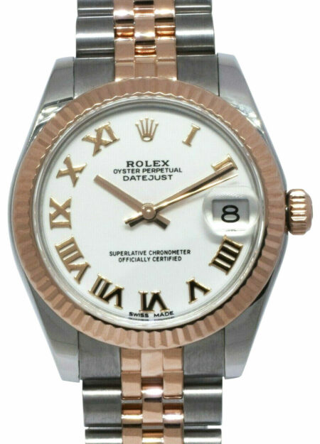 Rolex Datejust 18k Rose Gold/Steel White Roman Dial Ladies 31mm Watch 178271