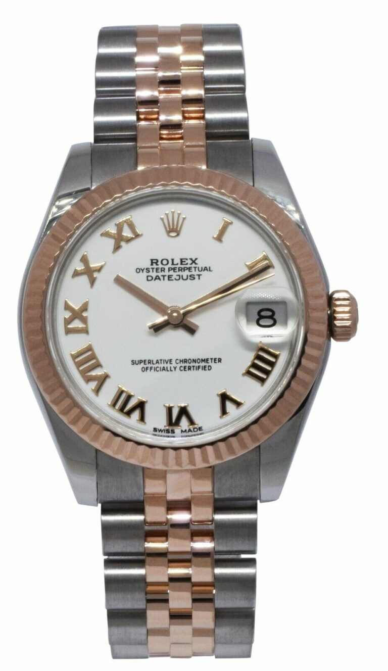 Rolex Datejust 18k Rose Gold/Steel White Roman Dial Ladies 31mm Watch 178271