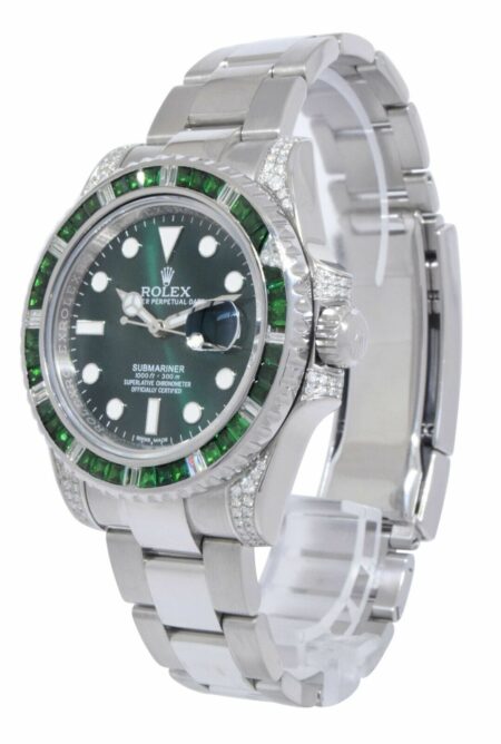 Rolex Submariner Date Steel Green Stones & Diamond 40mm Watch +Card 116610