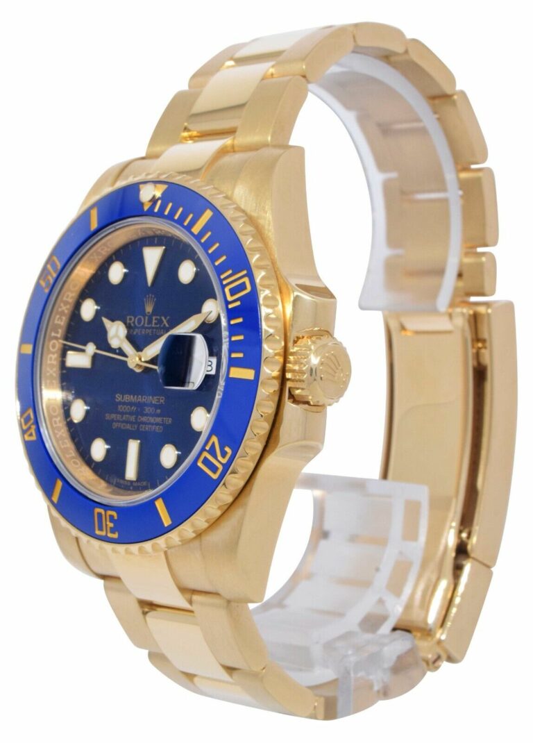 Rolex Submariner Date 18k Yellow Gold Blue Ceramic 40mm Watch B/P '15 116618