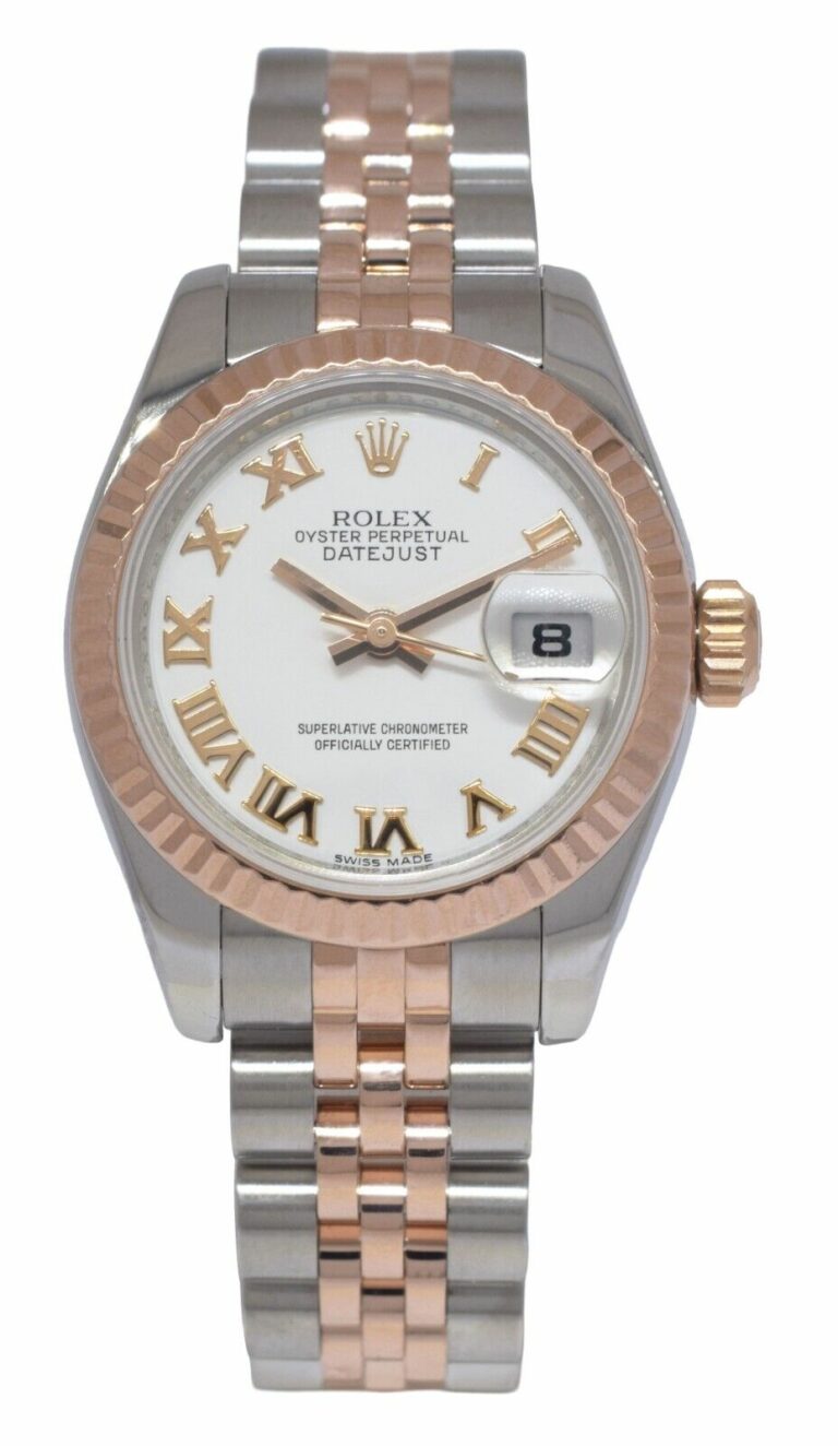 Rolex Datejust 18k Rose Gold/Steel White Dial Ladies 26mm Watch +Card '11 179171