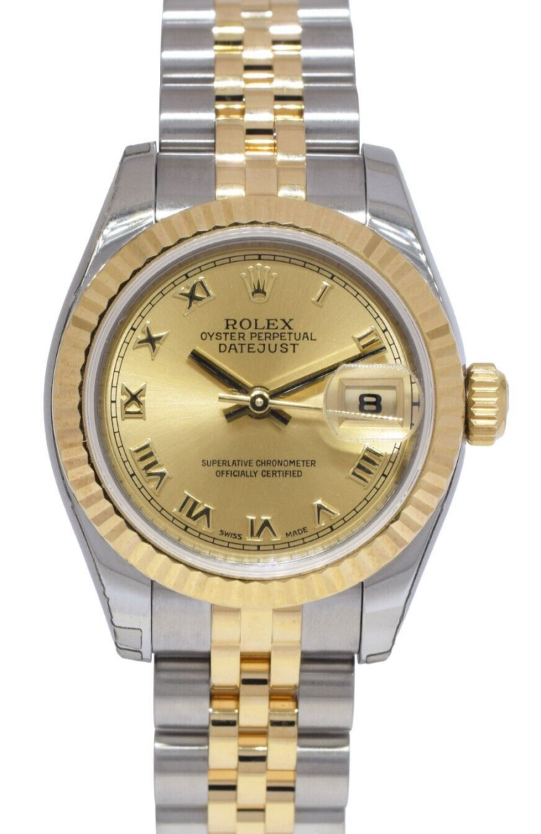 Rolex Datejust 18k Yellow Gold/Steel Champagne Roman Ladies 26mm Watch D 179173