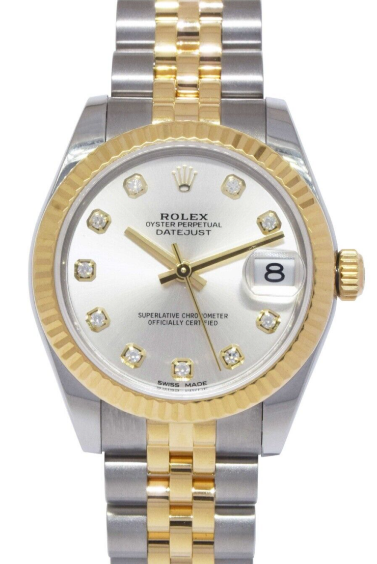 Rolex Datejust 18k Yellow Gold/Steel Silver Diamond 31mm Watch +Card '17 178273