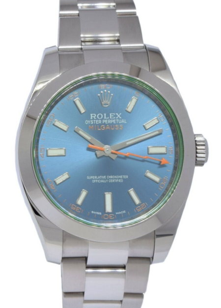 Rolex Milgauss Steel Z-Blue Dial Green Crystal Mens 40mm Watch +Card '14 116400