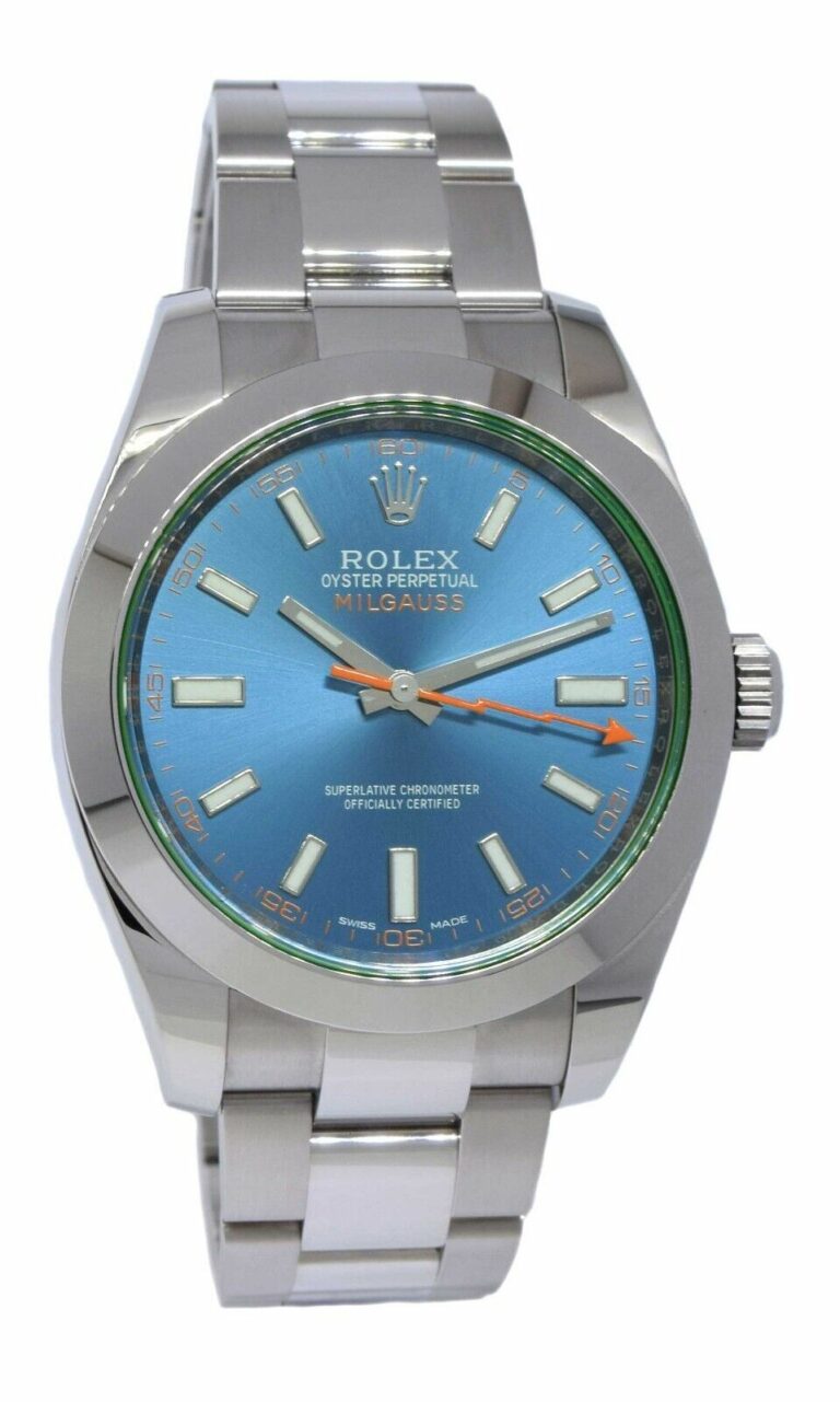 Rolex Milgauss Steel Z-Blue Dial Green Crystal Mens 40mm Watch +Card '14 116400