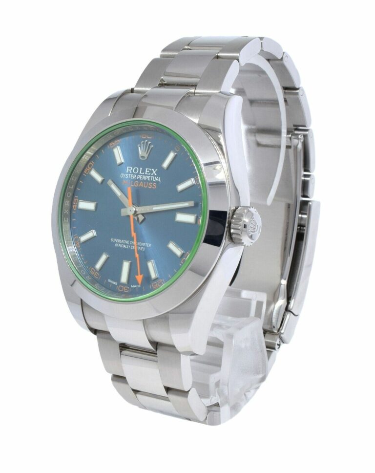 Rolex Milgauss Steel Z-Blue Dial Green Crystal Mens 40mm Watch +Card '14 116400