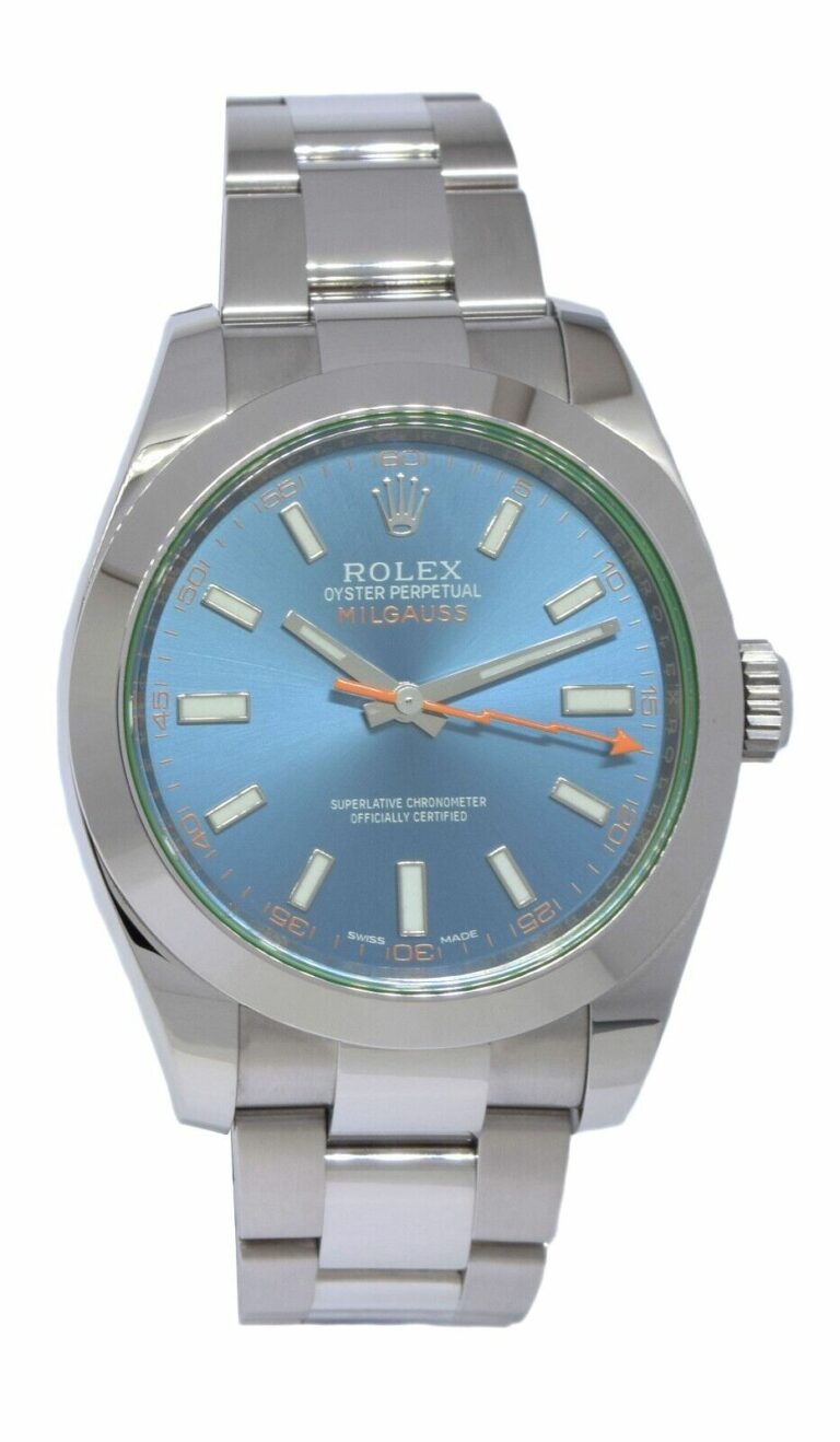 Rolex Milgauss Steel Z-Blue Dial Green Crystal Mens 40mm Watch +Card '14 116400