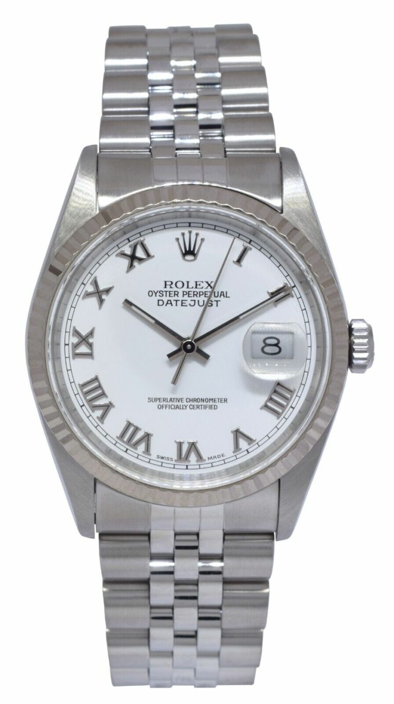 Rolex Datejust Steel 
18k White Gold Bezel White Roman Dial 36mm Watch K 16234