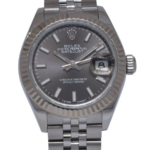 Rolex Datejust 28 Steel 
18k Gold Bezel Dark Gray Dial Ladies Watch 279174