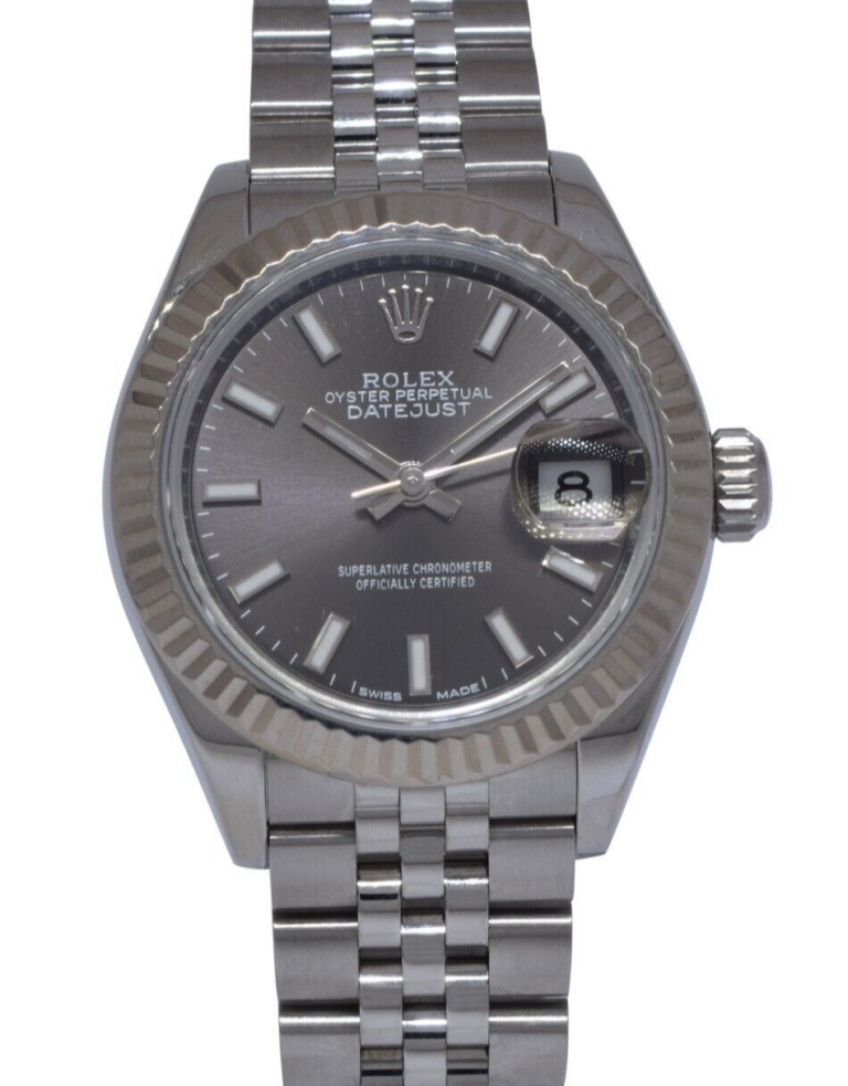 Rolex Datejust 28 Steel 
18k Gold Bezel Dark Gray Dial Ladies Watch 279174