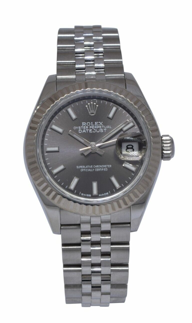 Rolex Datejust 28 Steel 
18k Gold Bezel Dark Gray Dial Ladies Watch 279174