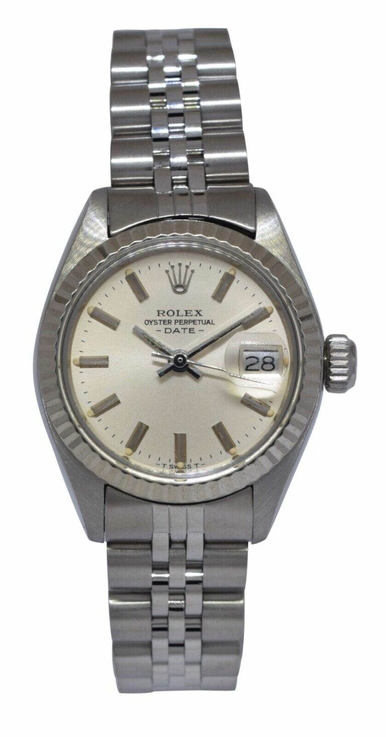 Rolex Date Steel 
Gold Bezel Silver Dial Ladies 26mm Vintage Watch '79 6917