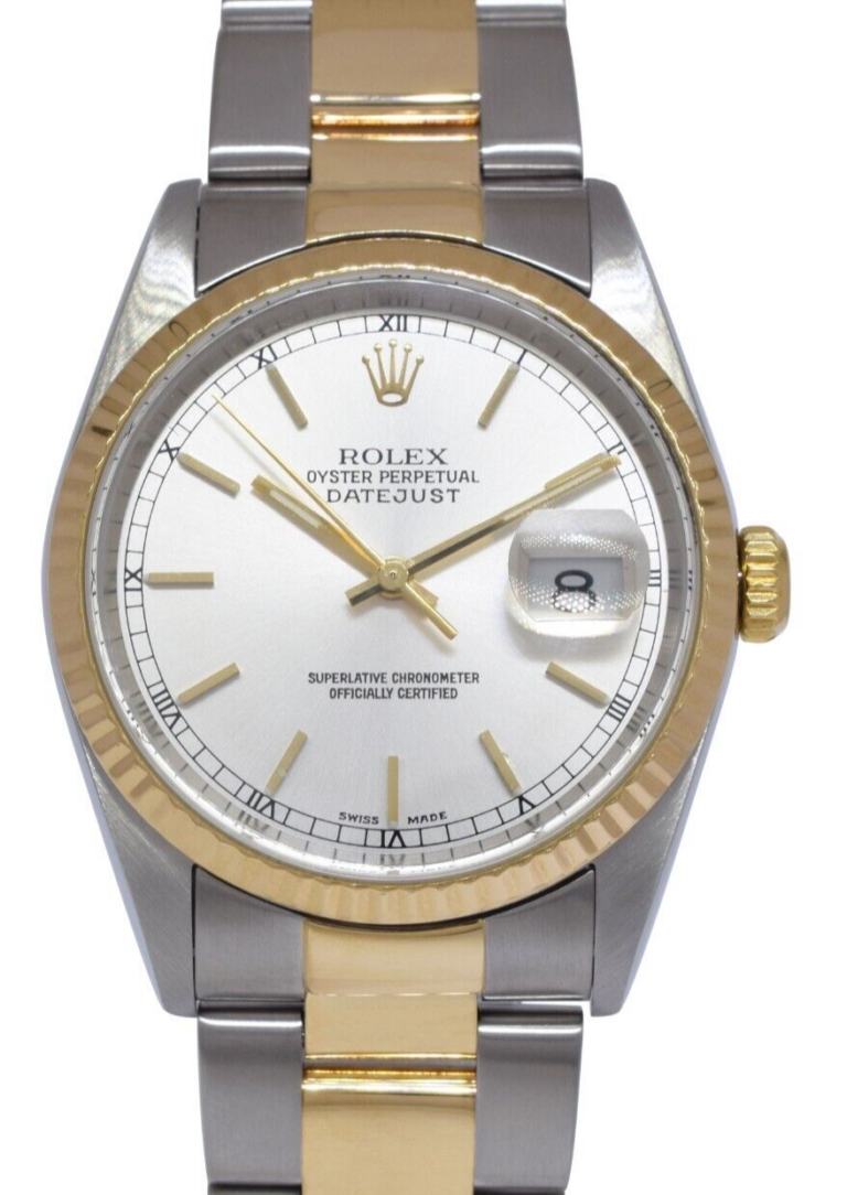 Rolex Datejust 18k Yellow Gold/Steel Silver Dial Mens 36mm Oyster Watch P 16233