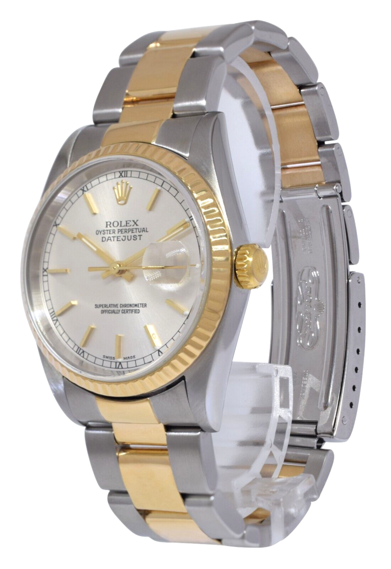 Rolex Datejust 18k Yellow Gold/Steel Silver Dial Mens 36mm Oyster Watch P 16233