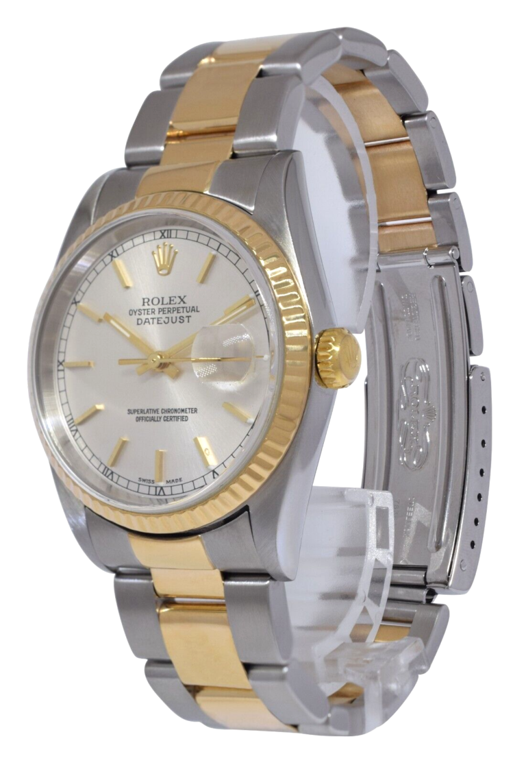 Rolex Datejust 18k Yellow Gold/Steel Silver Dial Mens 36mm Oyster Watch P 16233