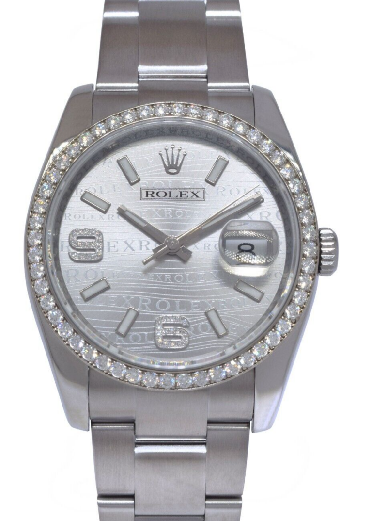 Rolex Datejust Steel Rhodium Wave Diamond 36mm Watch +Card '12 116244