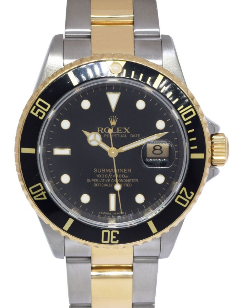 Rolex Submariner Date 18k Yellow Gold/Steel Black Mens 40mm Watch M 16613 T